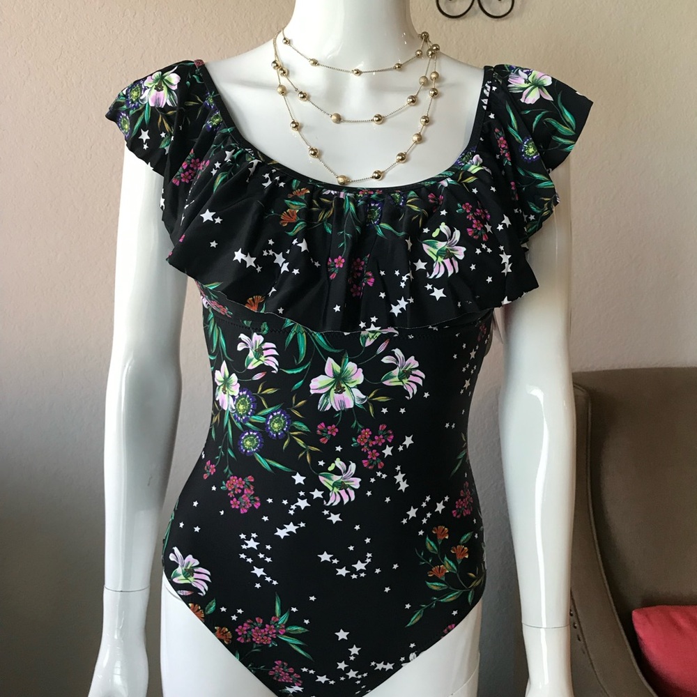 NEW WITH TAGS Raisins Black Floral One Piece Swimsuit